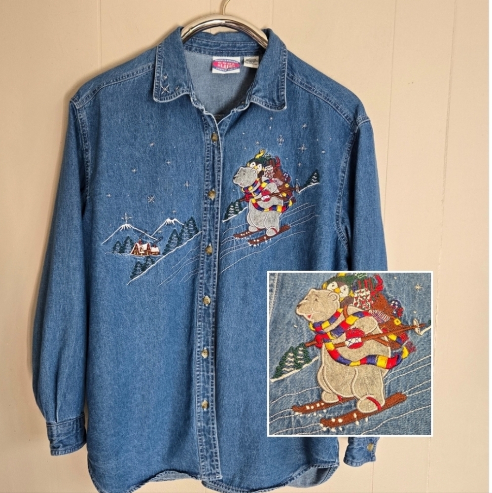 Vintage Christmas Winter denim jean button shirt skiing bear gifts penguin snow
